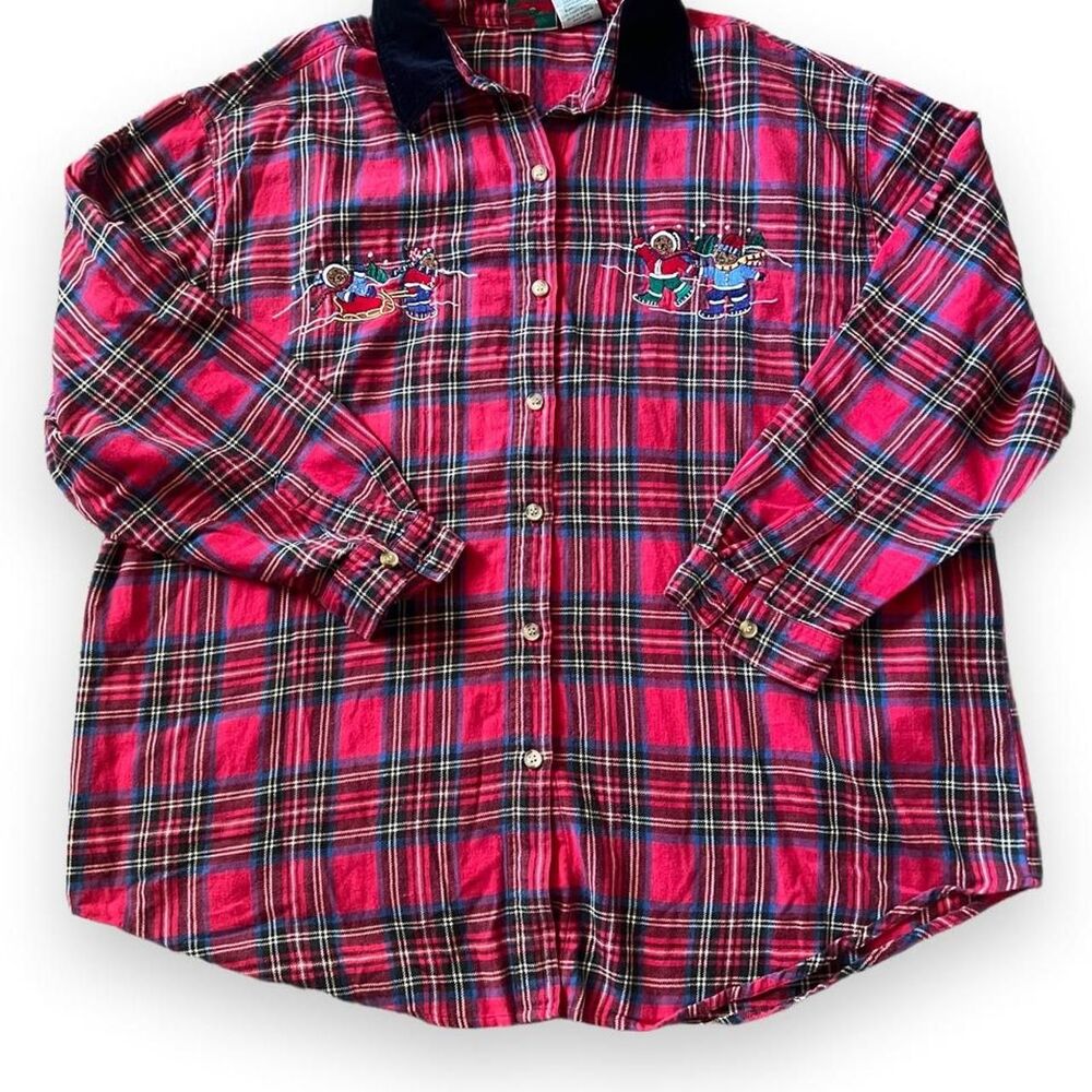 VTG Quacker Factory Christmas Plaid Flannel Shirt Embroidered Bear Flaw